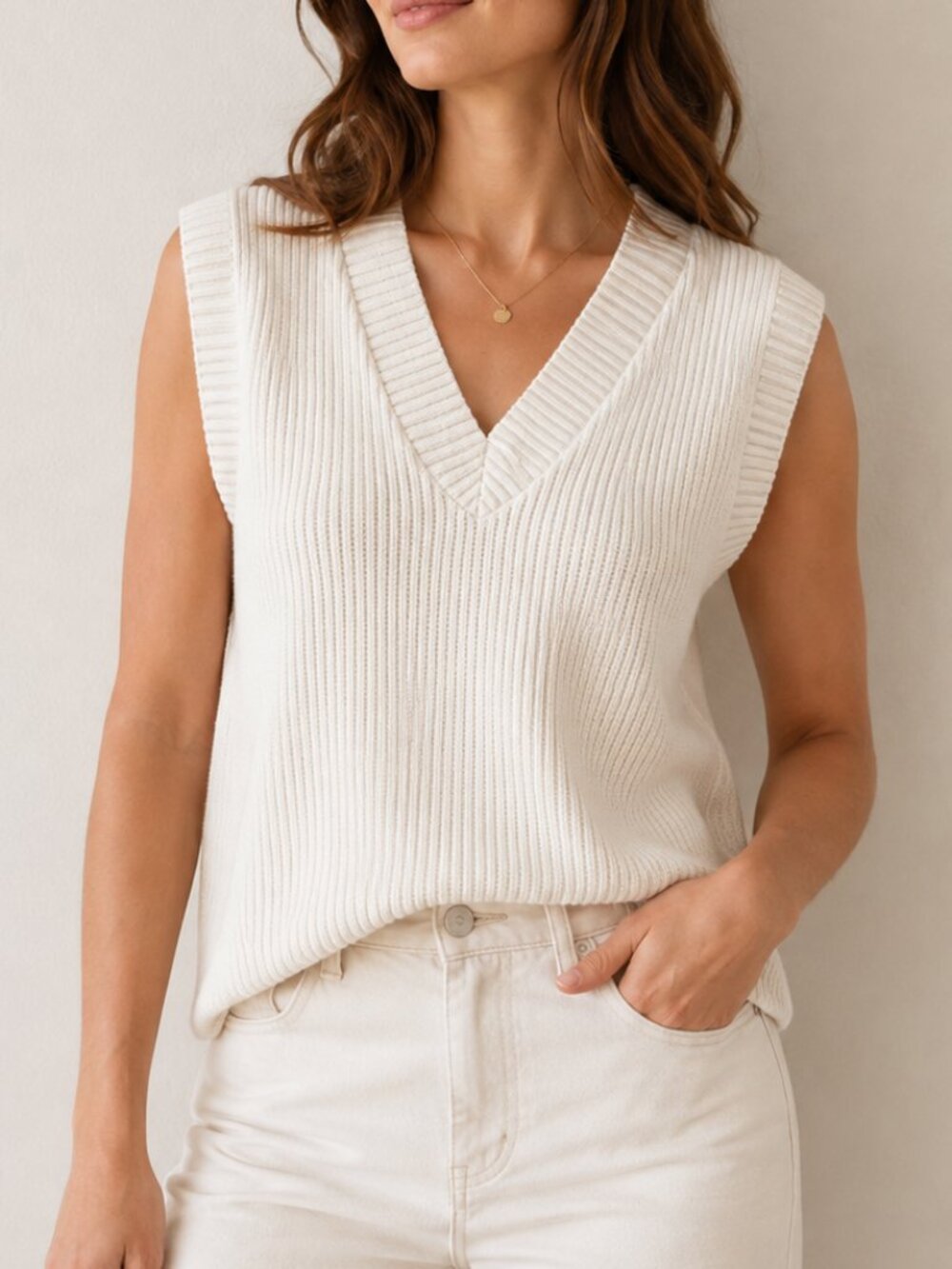 H&M Cream Ribbed Knit V Neck Sweater Vest Small Cotton Blend Side Slit Oversized
